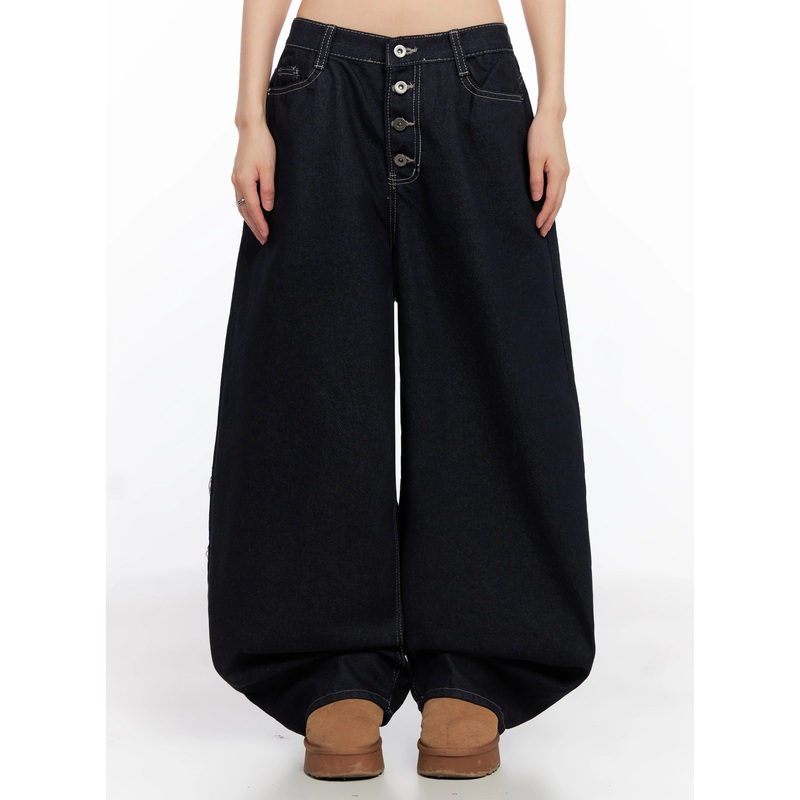 Jazlyn Non-Fade Button Wide Leg Jeans IN503 Dark blue S
