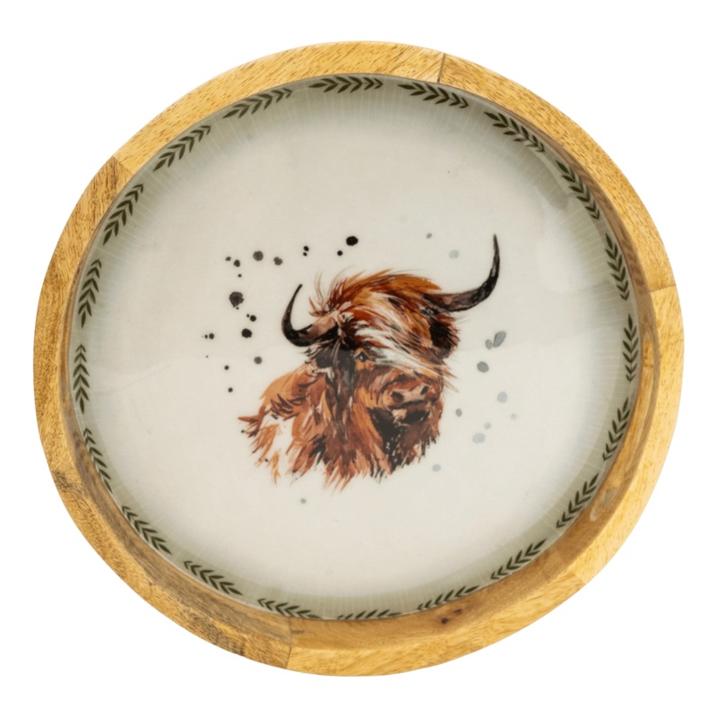 Candlelight Round Mango Wood Tray Highland Cow 30cm