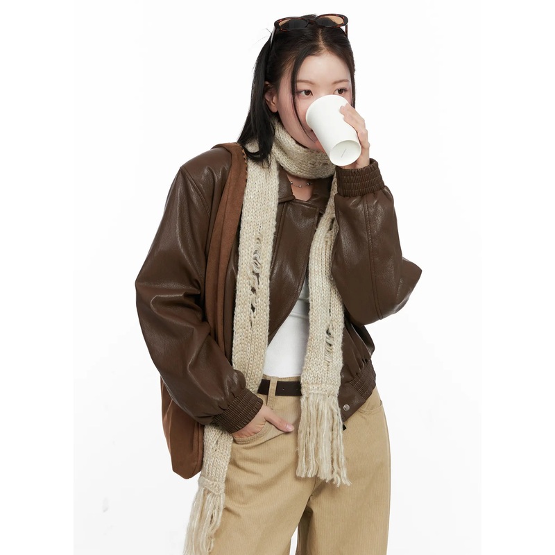 Crop Faux Leather Jacket CO531 Brown S/M