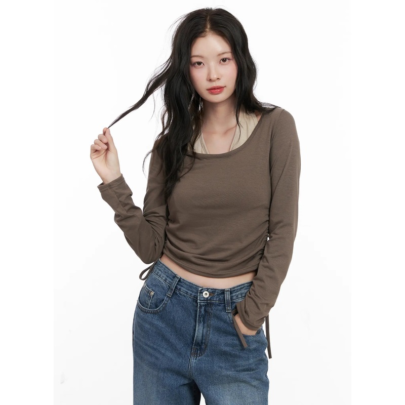 Halter Layered Side String Crop Top CO531 Dark brwon S/M