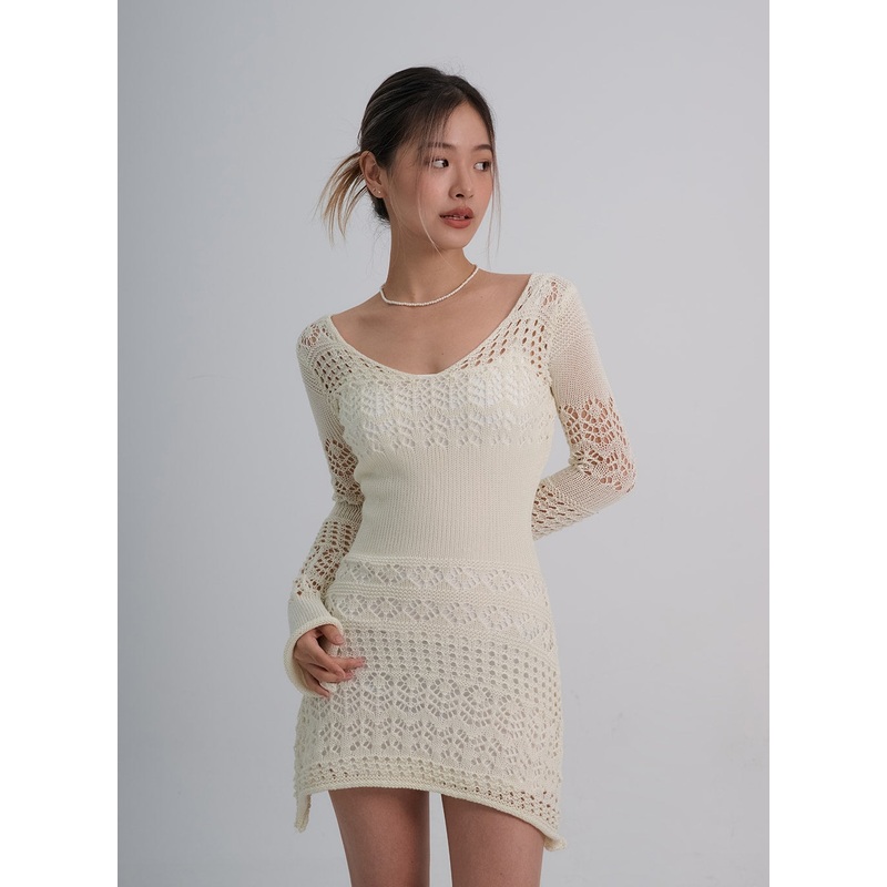 Layered Knit Mini Dress And Thin Straps Mini Dress Set CO19 Light Beige S
