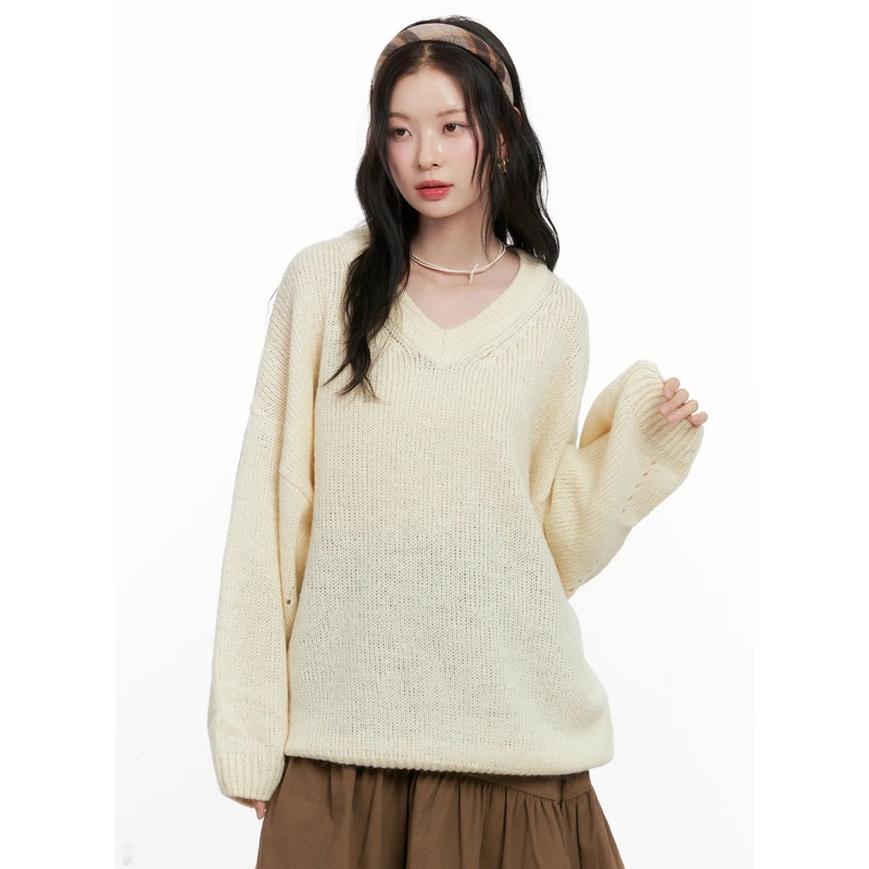 Oversized V-Neck Knit Sweater CO531 Light beige M/L