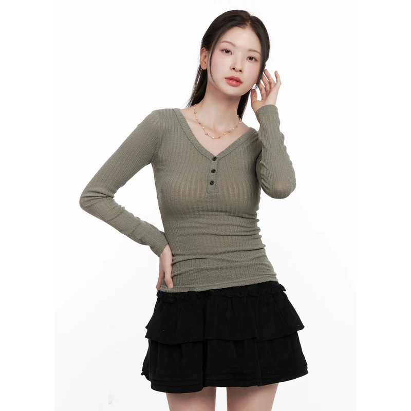 Ribbed Button V-Neck Long Sleeve CO531 Dark green S/M