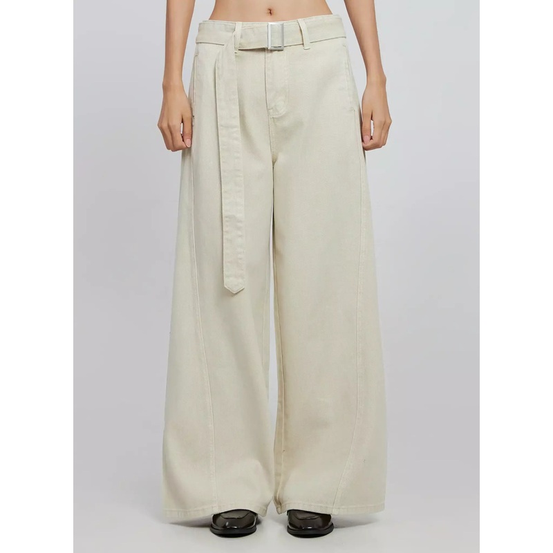 Wide Leg Cotton Belted Trousers IO530 Light beige S