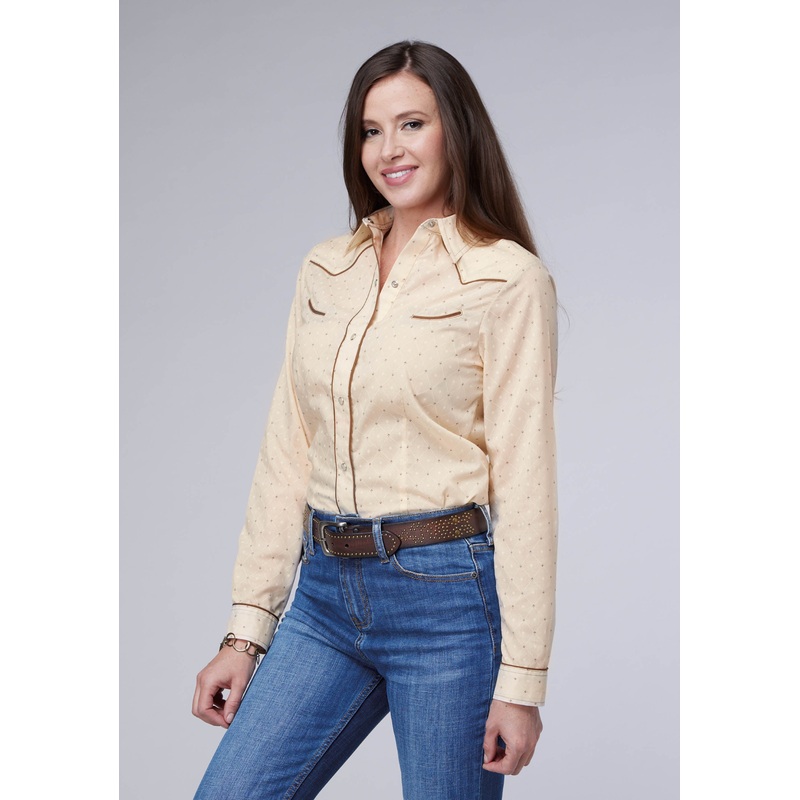 WOMENS CREAM WHITE DIAMOND WALLPAPER PRINT LONG SLEEVE SNAP WESTERN SHIRT XS