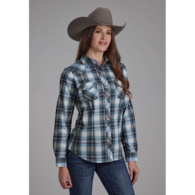 Womens Navy, Teal, And White Plaid Long Sleeve Snap Western Shirt XS