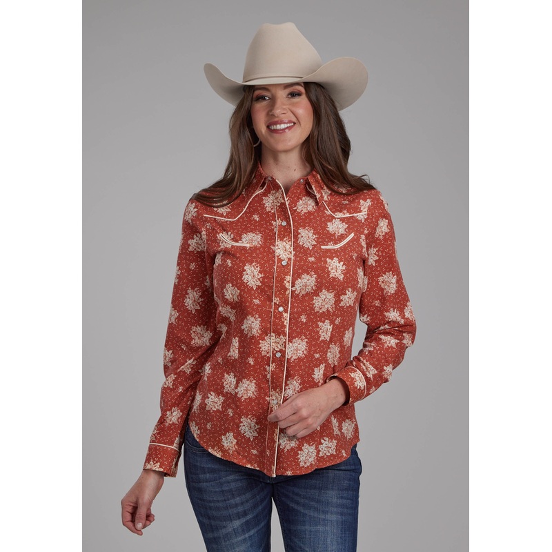 Womens Orange And Cream Floral Print Long Sleeve Snap Western Shirt XS
