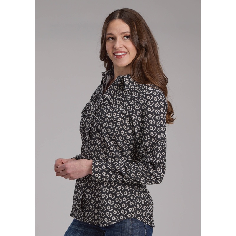 Womens Black And Cream Floral Print Long Sleeve Snap Western Shirt XS