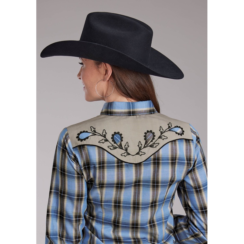 Womens Blue And Brown Plaid, Smile Pockets Long Sleeve Snap Western Shirt XS
