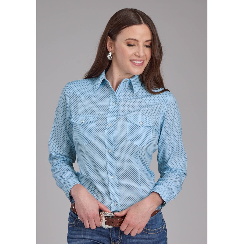 Womens Blue Mini Cross Print Long Sleeve Snap Western Shirt XS