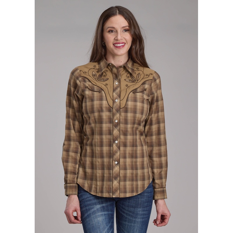 Womens Brown And Tan Ombre Plaid Long Sleeve Snap Western Shirt XS