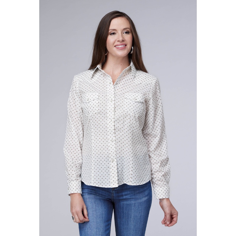 Womens Cream Taupe Mini Floral Print Long Sleeve Snap Western Shirt XS