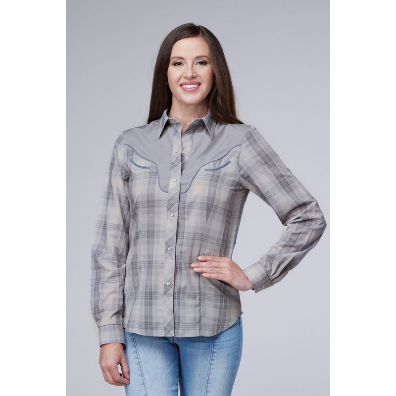 WOMENS GRAY AND LIGHT BLUE PLAID LONG SLEEVE SNAP WESTERN SHIRT XS