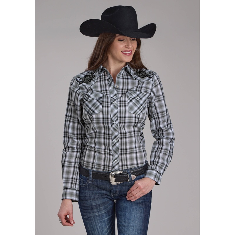 Womens Gray Black And White Plaid Long Sleeve Snap Western Shirt XS