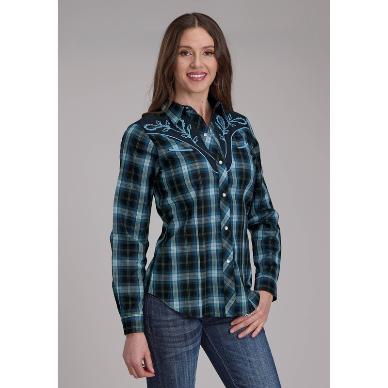 Womens Mulit Blue Windowpane Plaid Long Sleeve Snap Western Shirt XS
