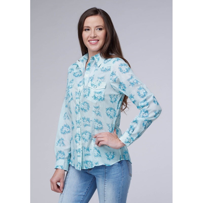 Womens Multi Blue Floral Print Long Sleeve Snap Western Shirt XS