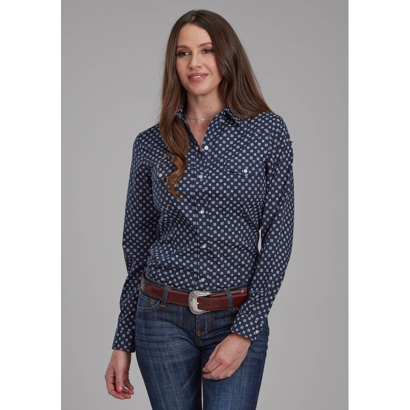 Womens Navy And White Squares Long Sleeve Snap Western Shirt XS