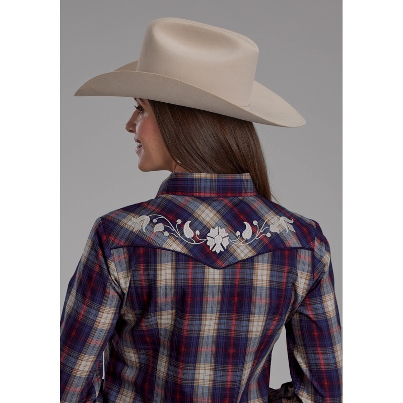 Womens Navy Cream And Red Plaid, Smile Pocket Long Sleeve Snap Western Shirt XS