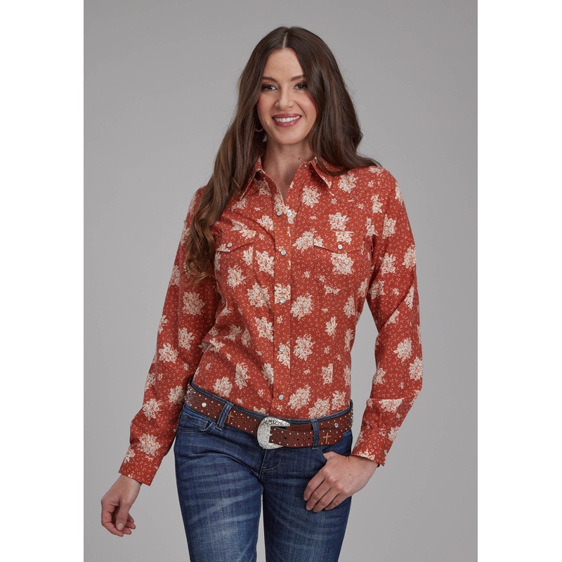 Womens Orange And Cream Floral Long Sleeve Snap Western Shirt XS