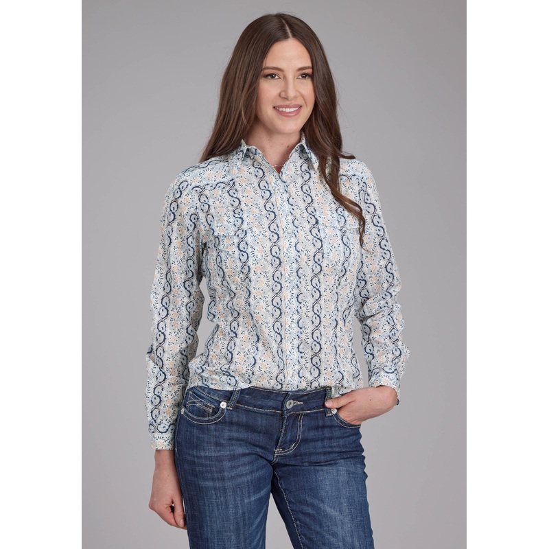 Womens Paisley Trellis Print Long Sleeve Snap Western Shirt XS