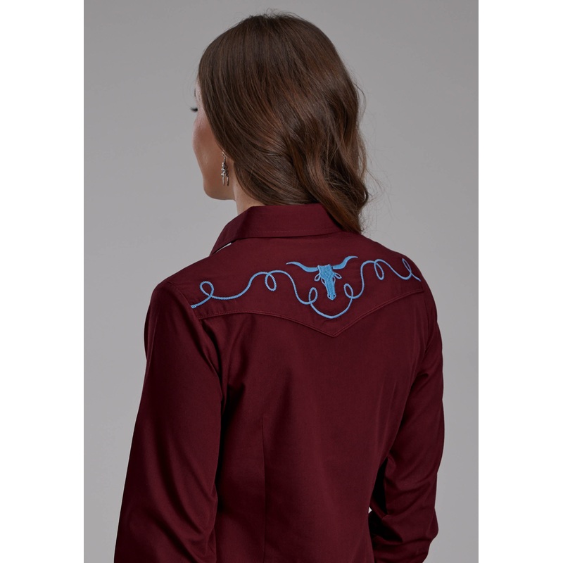 Womens Solid Wine Long Sleeve Snap Western Shirt XS