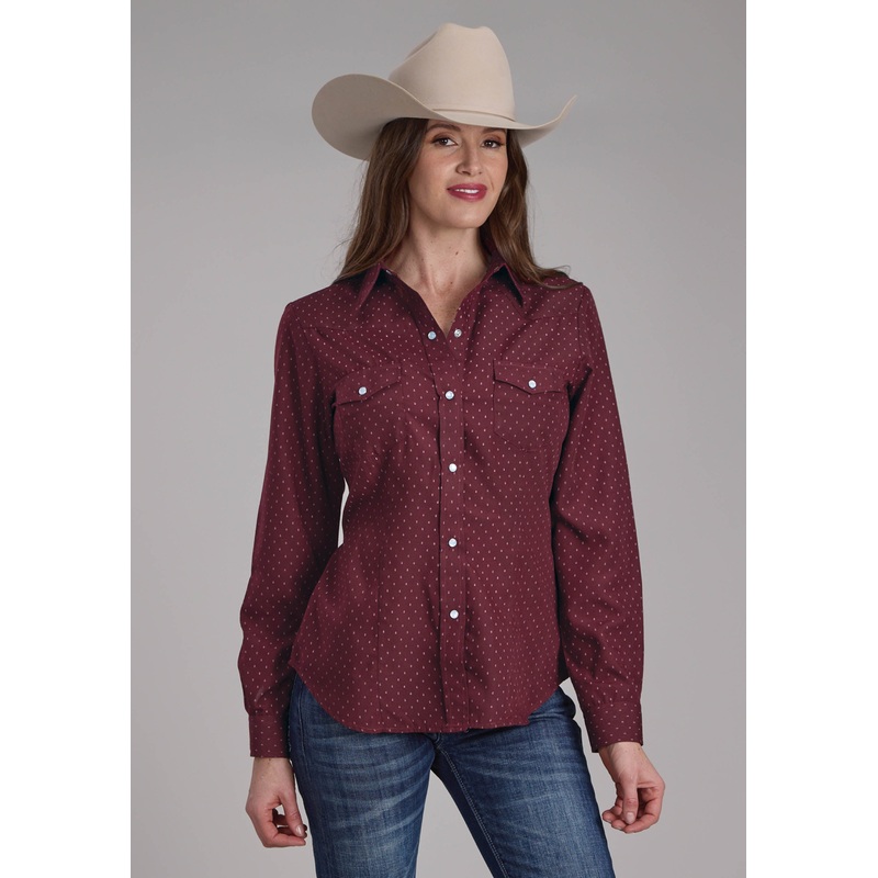 Womens Wine Dot Print Long Sleeve Snap Western Shirt XS