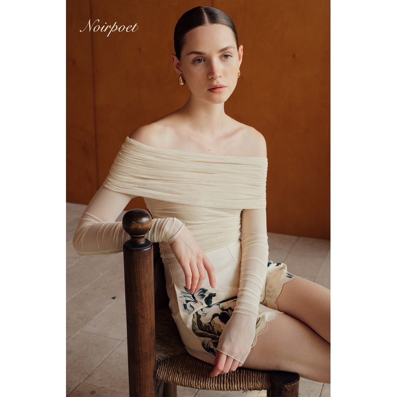 Bailey Mesh Ruched Off Shoulder Top (Buttercream) XS Buttercream