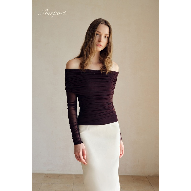 Bailey Mesh Ruched Off Shoulder Top (Ganache) XS Ganache