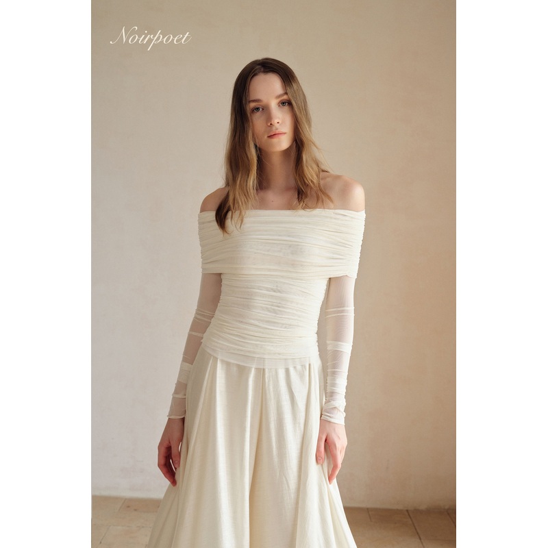 Bailey Mesh Ruched Off Shoulder Top (Ice White) XS Ice White