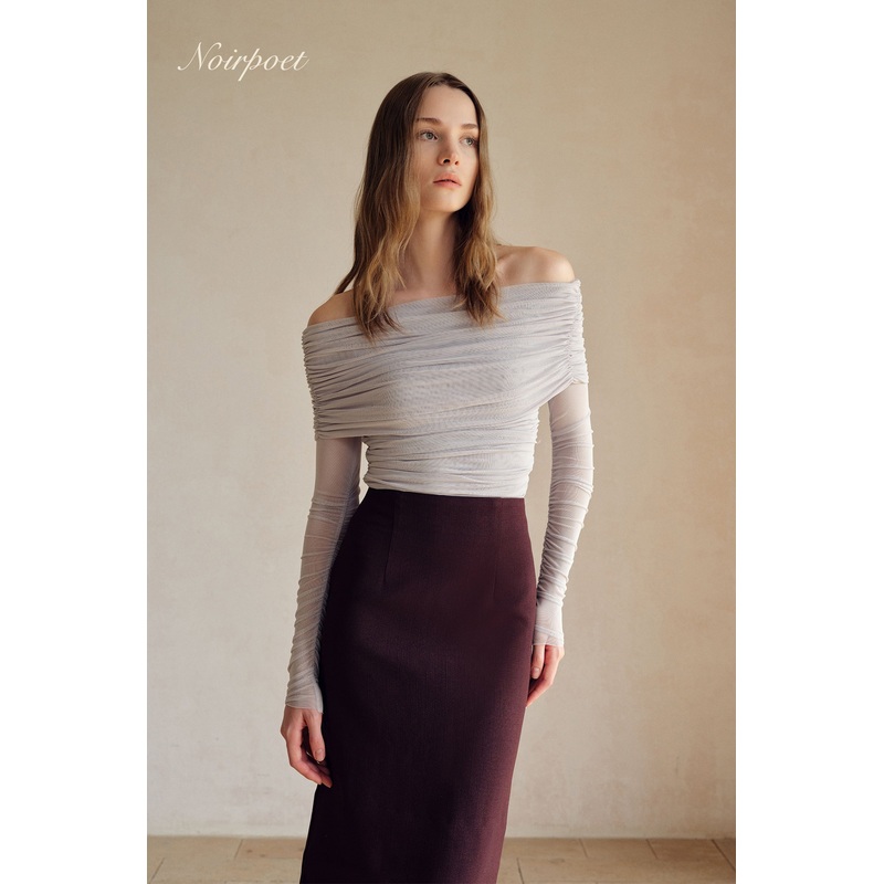 Bailey Mesh Ruched Off Shoulder Top (Misty Blue) XS Misty Blue