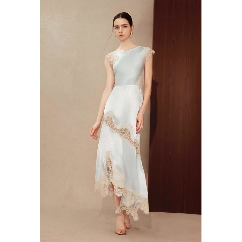 Desianne Lace Trim Satin Dress (Baby Blue) XS Baby Blue