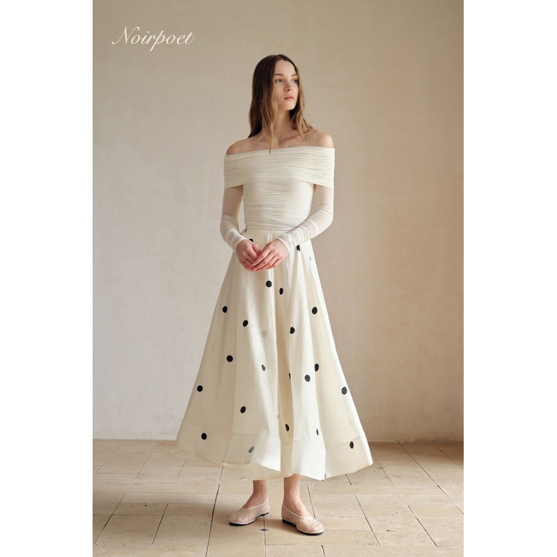 Loula Printed Polka Flare Midi Skirt XS Cream