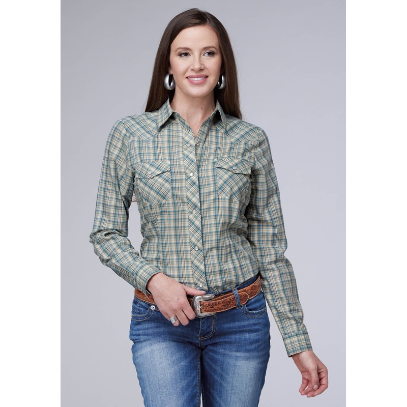 WOMENS CREAM TEAL AND TAN PLAID LONG SLEEVE SNAP WESTERN SHIRT XS