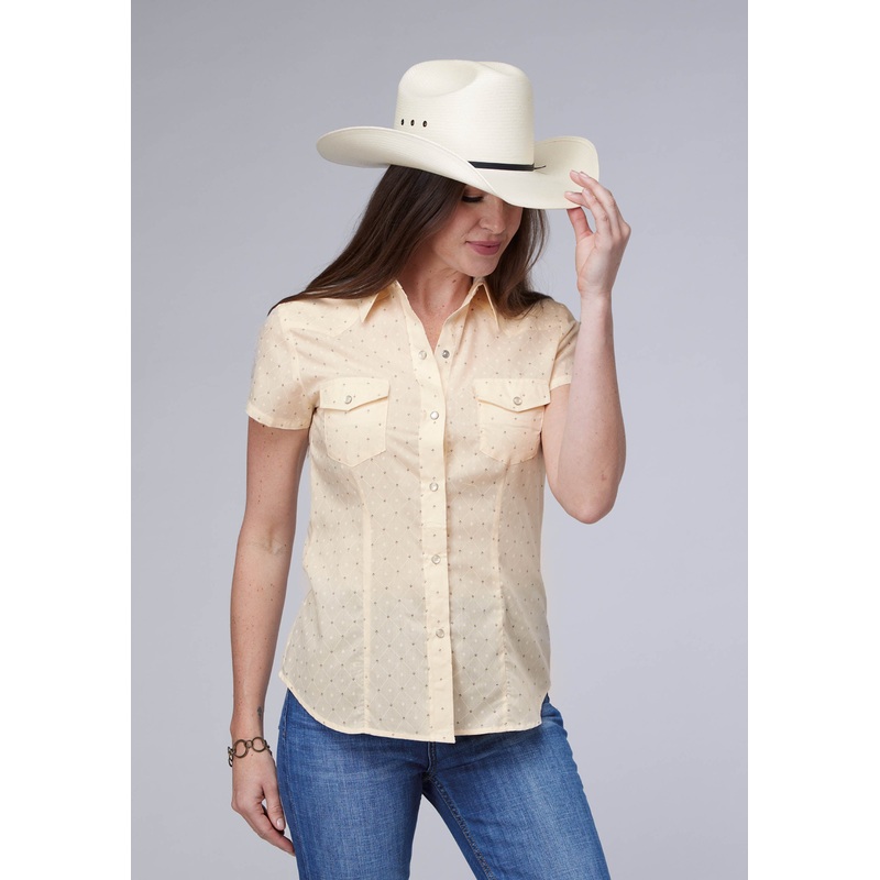 WOMENS CREAM WHITE DIAMOND WALLPAPER PRINT SHORT SLEEVE SNAP WESTERN SHIRT XS
