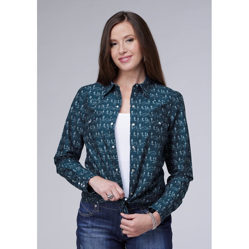 WOMENS DESERT STRIPE PRINT LONG SLEEVE SNAP WESTERN SHIRT XS