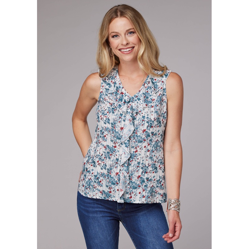 WOMENS DITZY FLORAL PRINT RAYON CHALLIS SLEEVELESS PULLOVER WESTERN SHIRT XS