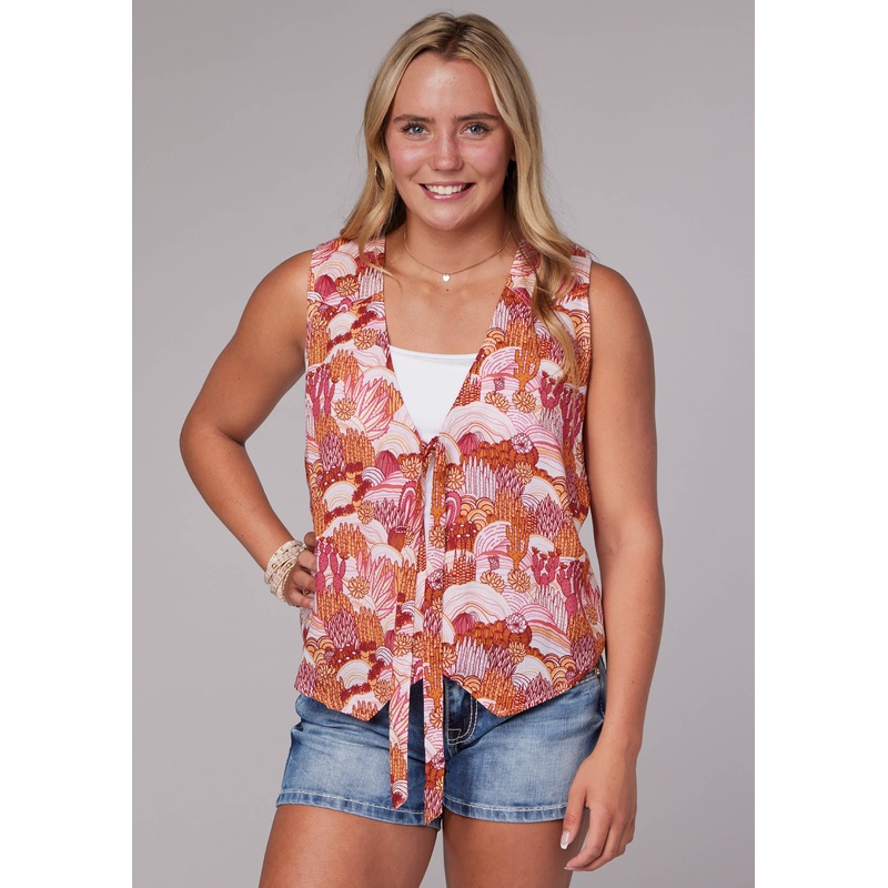 WOMENS GROOVY CACTI PRINT RAYON VEST PULLOVER VEST XS