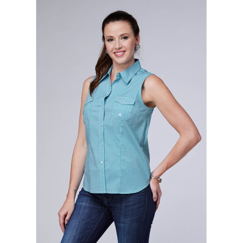 WOMENS STRETCH NEAT – TEAL SLEEVELESS SNAP WESTERN SHIRT XS