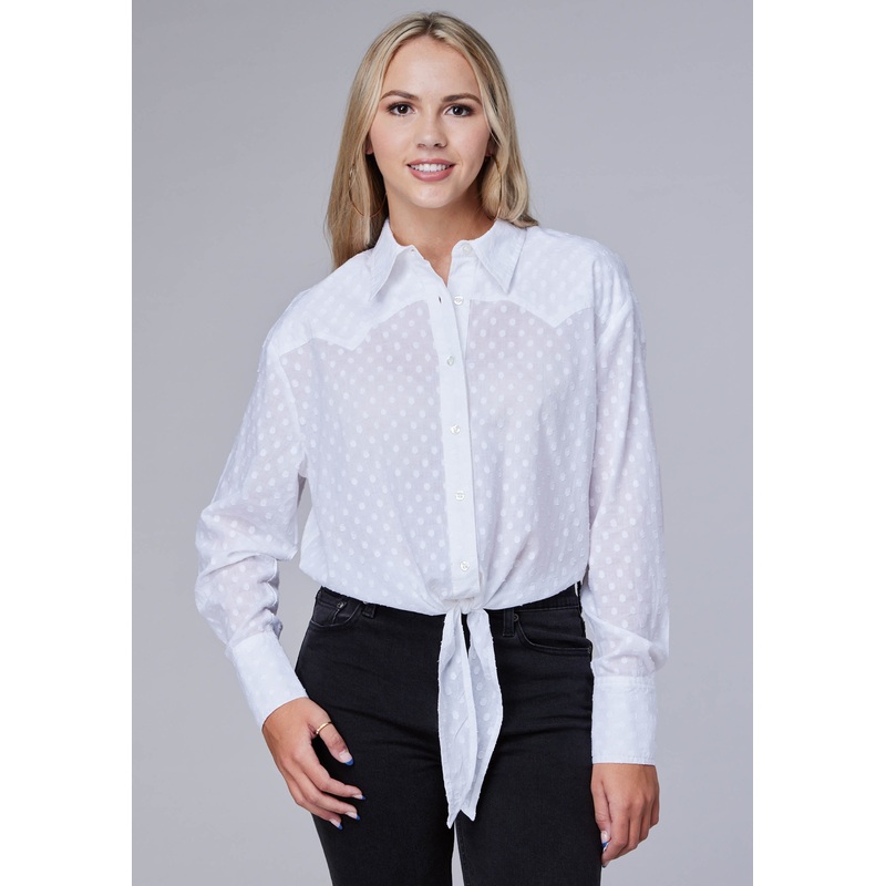 Womens Swiss Dot Long Sleeve Retro Western Blouse Long Sleeve Button Western Shirt XS