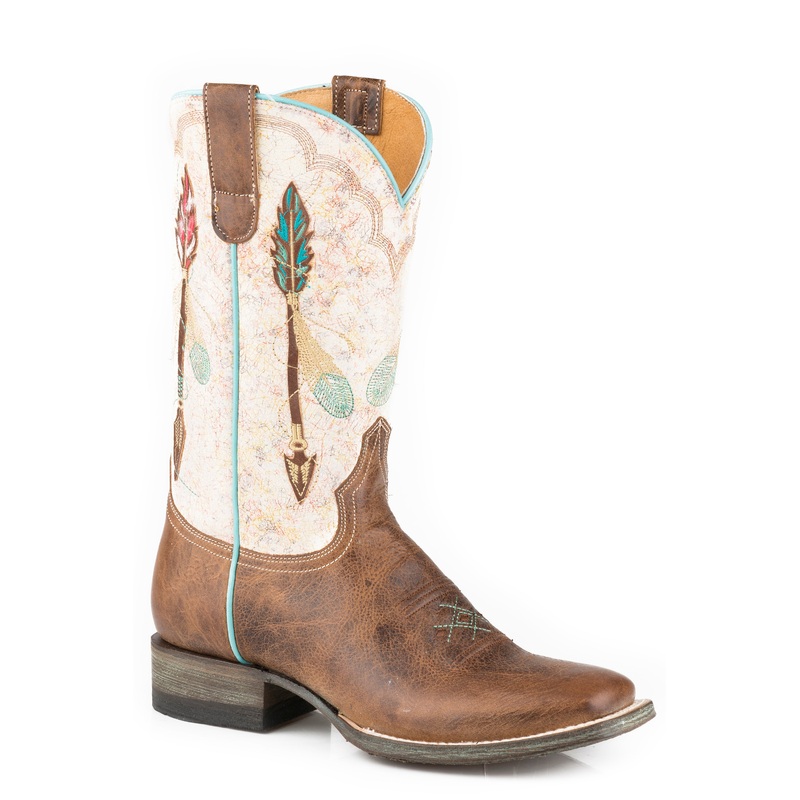 Womens Vintage Tan Vamp Boot With Embroidered Arrow Design On White Shaft 5 R