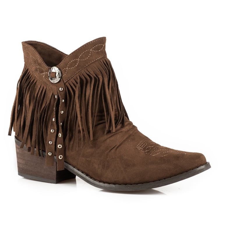 Womens Fashion Shorty Boot Brown Suede Faux Leather With Fringe And Concho Studs 5 R