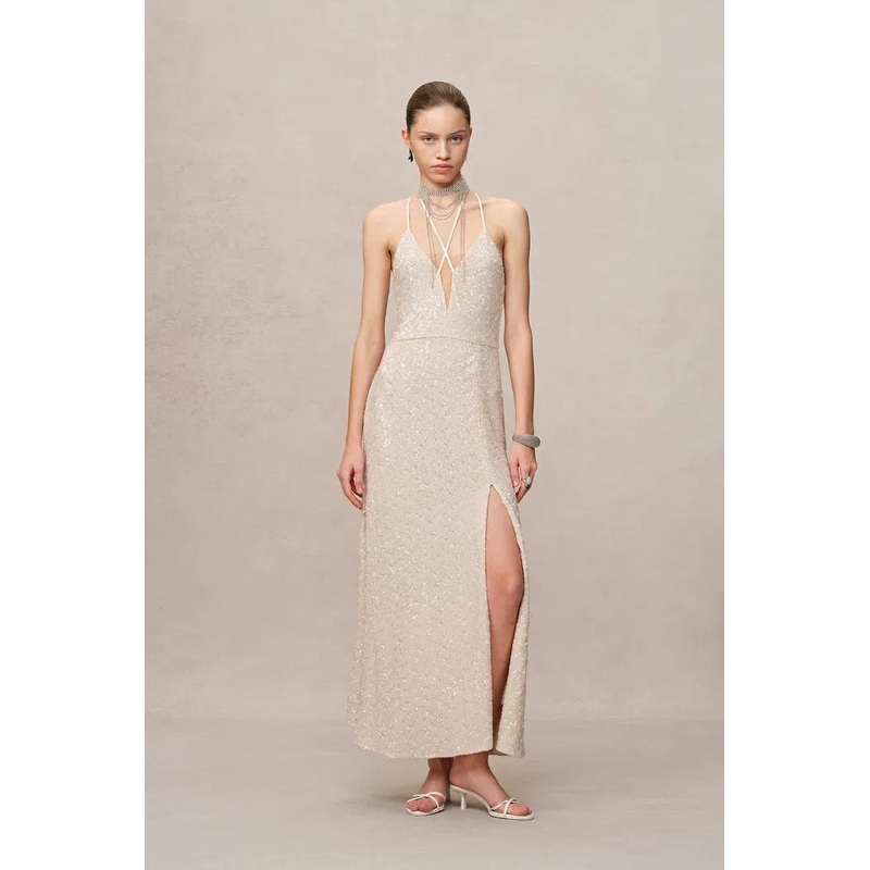 Anita Handcrafted Embellishment Slit Slip Dress in Crystal Sequin Lace XS