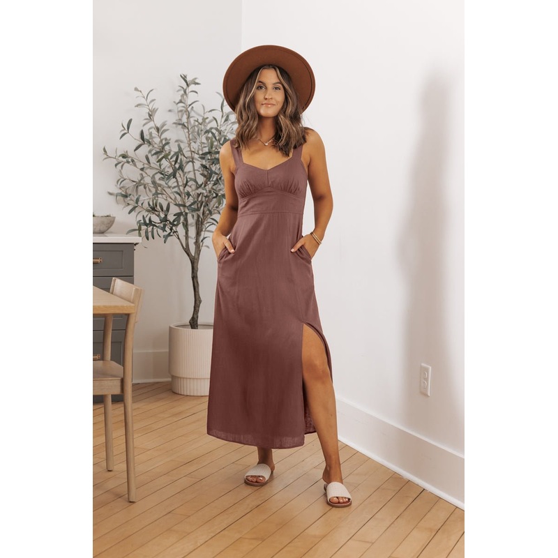 Brown V Neck Linen Midi Dress Small