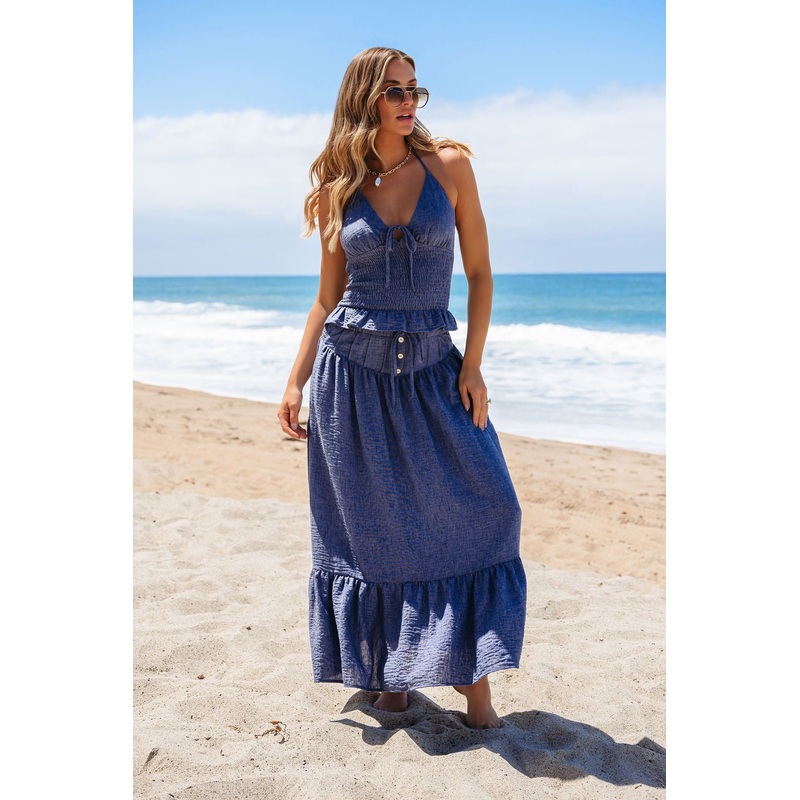 Denim Smocked Ruffle Halter Tank Top – FINAL SALE Small