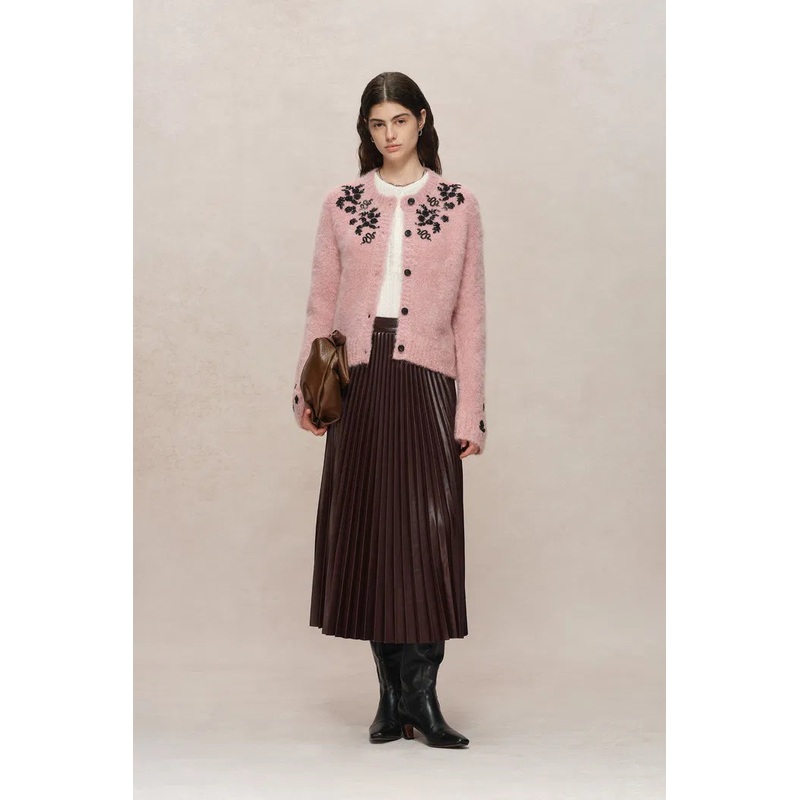 Lucy Pink French Beaded Snake Zodiac Cardigan in Mohair Knit XS