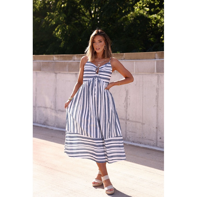 Navy and White Striped Tie Front Midi Dress – FINAL SALE Small