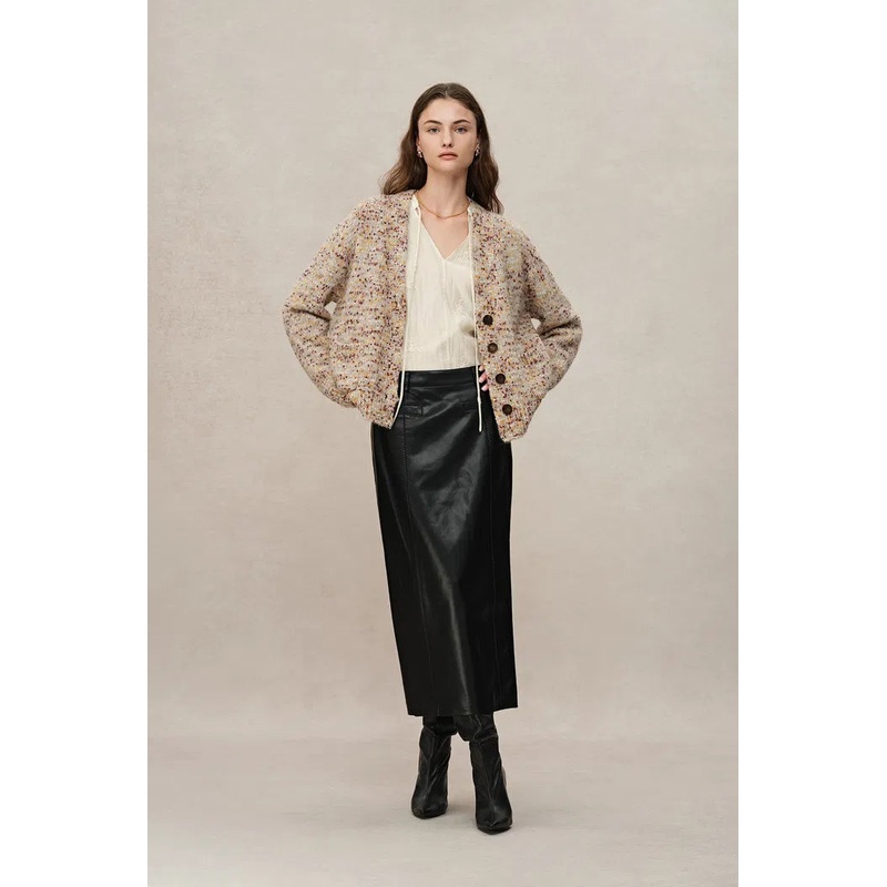 Nika Zodiac Jacquard Knit Cardigan in Wool Mohair Pom Pom Knit XS