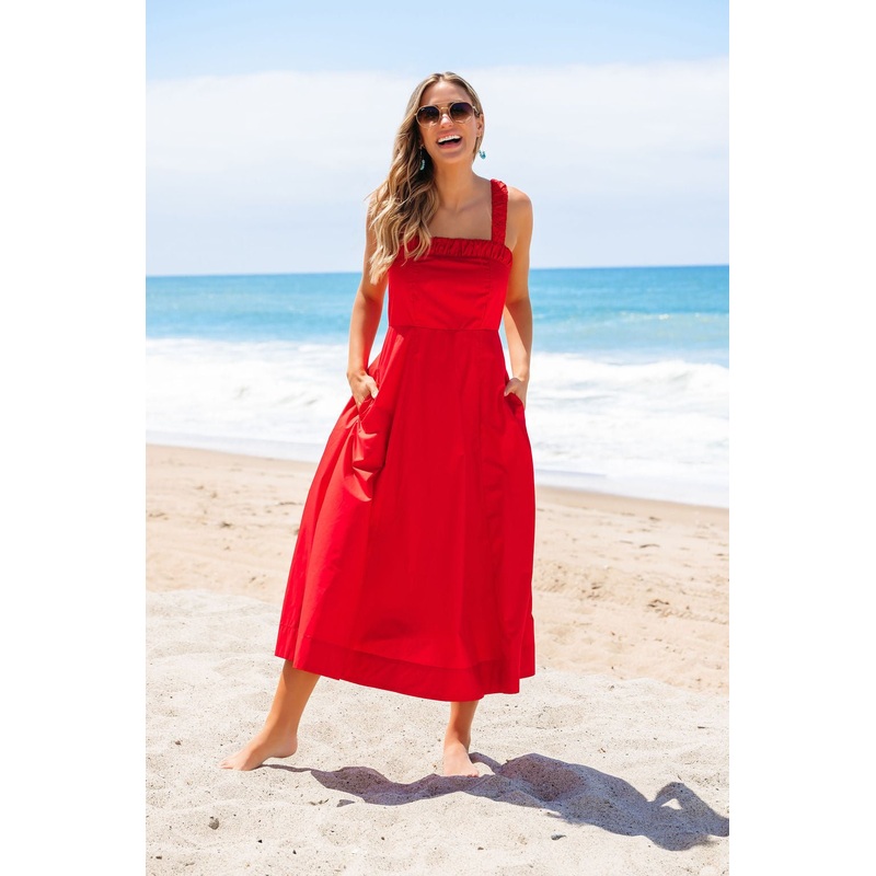 Red Smock Ruched Tie Strap Midi Dress – FINAL SALE Small