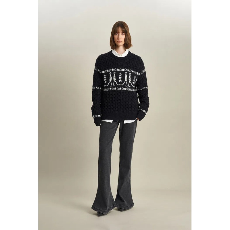Star Walker Black Fair Isle Pullover in Wool Pom-Pom Yarn Knit XS