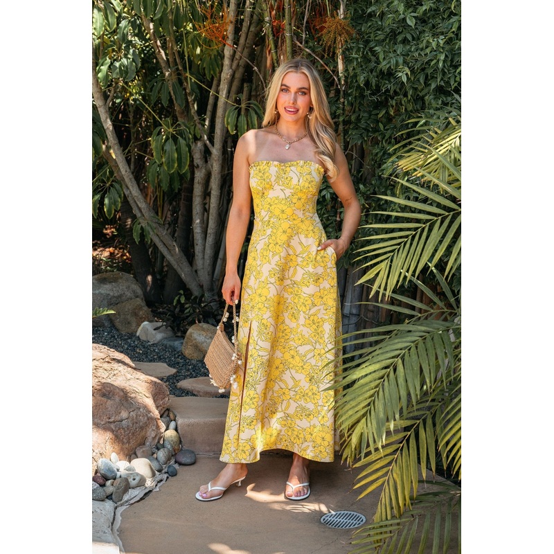 Sunset Yellow Floral Strapless Midi Dress – DOORBUSTER Small